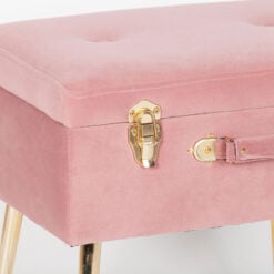 Pink Velvet Suitcase Storage Stool With Gold Legs And Gold Latches