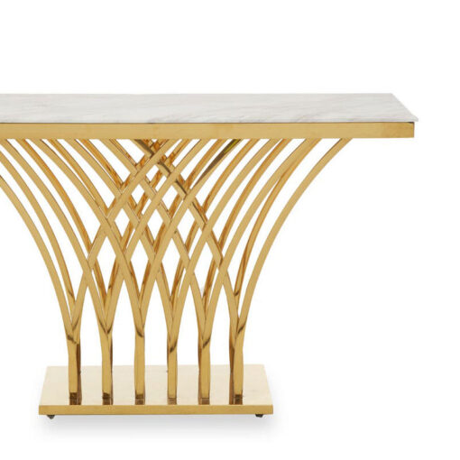 Premium Cross Arched Design Gold Metal And White Marble Console Table