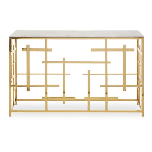 Premium Labyrinth Design Gold Metal And White Marble Console Table