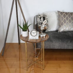 Round Natural Wood End Side Table With Gold Metal Legs