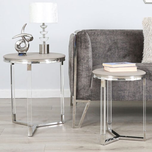 Set of 2 Faux Leather Taupe Round End Tables Metal And Acrylic Frame
