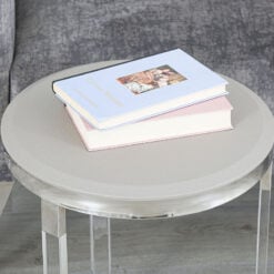 Set of 2 Faux Leather Taupe Round End Tables Metal And Acrylic Frame