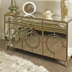 Antique Gold Frosted Mirrored Geometric 3 Drawer 3 Door Sideboard