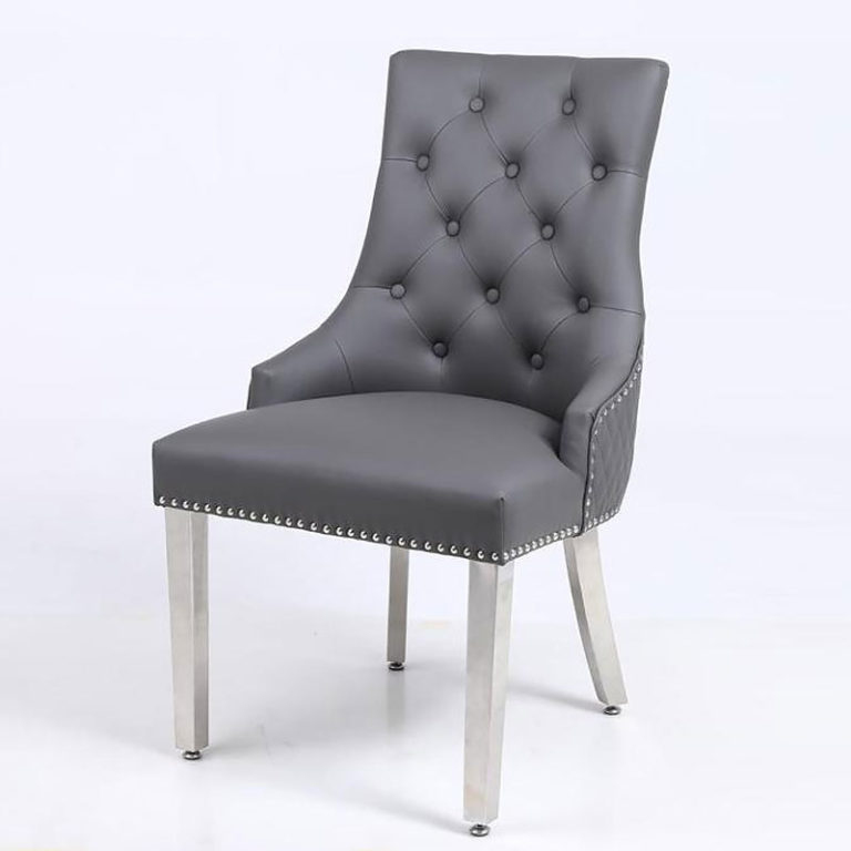 Set Of 2 Camilla Hudson Grey PU Leather Dining Chairs With Lion Ring