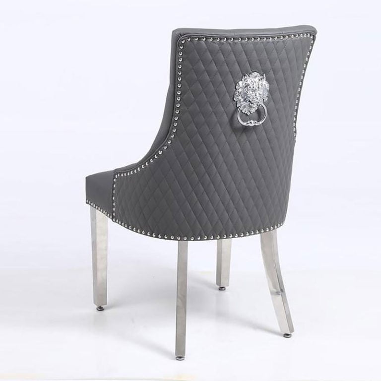 Set Of 2 Camilla Hudson Grey PU Leather Dining Chairs With Lion Ring