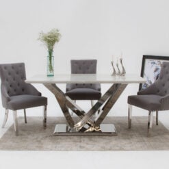 Chelsea Cloud Grey Marble Top Dining Table With A Stainless Steel Base
