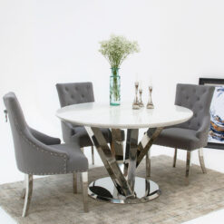 Chelsea Cloud Grey Marble Top Round Dining Table With A Stainless Steel Base