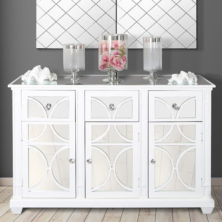 Chloe White Wood And Mirror 3 Drawer 3 Door Chest Sideboard