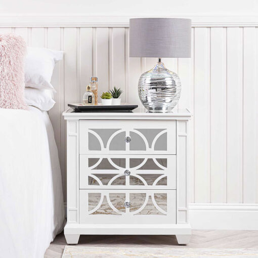 Chloe White Wood And Mirror 3 Drawer Bedside Cabinet