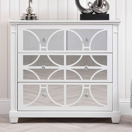 Chloe White Wood And Mirror 3 Drawer Chest Of Drawers Cabinet