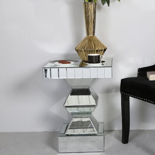 Classic Mirror Hexagonal Design End Side Lamp Table With Tile Detail