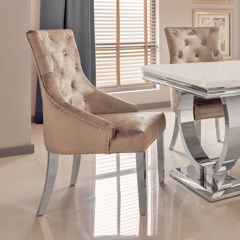 Set Of 2 Mayfair Champagne Velvet And Chrome Dining Chairs With A Ring