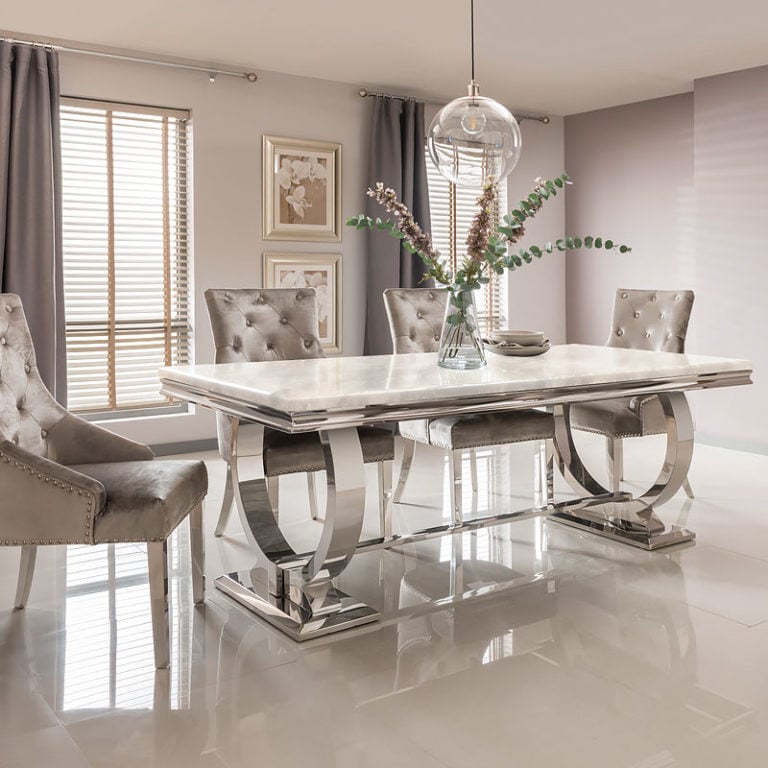 Mayfair Cream Marble Top Dining Table With A Stainless Steel Base 200cm
