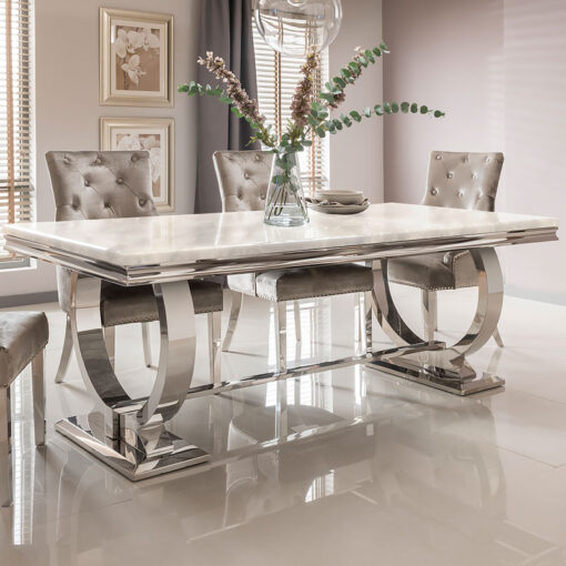 Mayfair Cream Marble Top Dining Table With A Stainless Steel Base 200cm