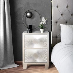 Soleil Silver Wooden Art Design Bedside Cabinet With Sunburst Pattern