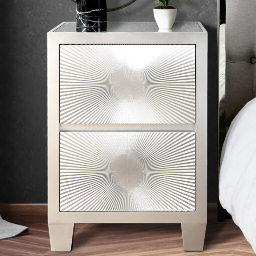 Soleil Silver Wooden Art Design Bedside Cabinet With Sunburst Pattern