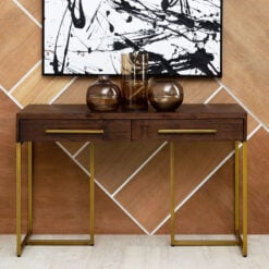Acacia Wood And Bronze Console Table With Engraved Herringbone Pattern