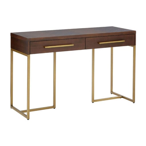 Acacia Wood And Brass Console Table With Engraved Herringbone Pattern
