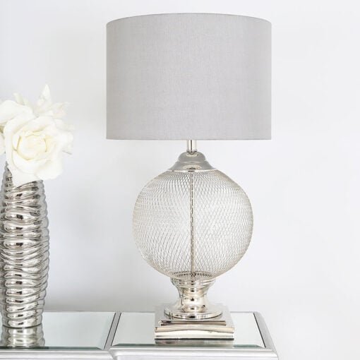 Round Silver Wire Mesh Table Lamp With A Grey Silk Shade 78cm