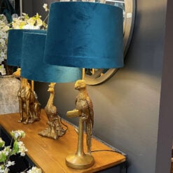 Antique Gold Parrot Table Lamp with Teal Velvet Shade