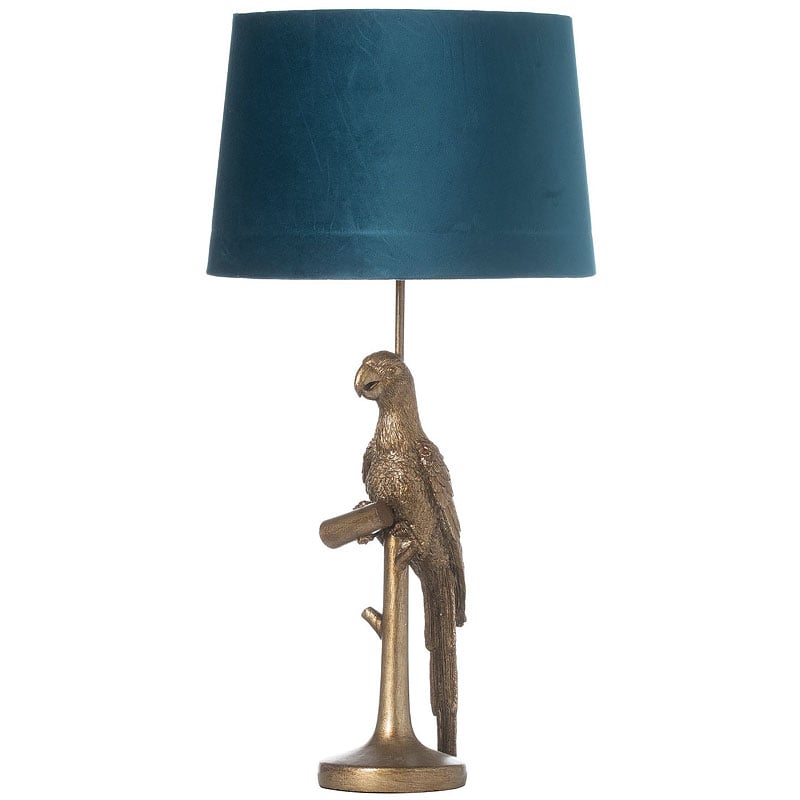 Antique Gold Parrot Table Lamp with Teal Velvet Shade | Picture Perfect Home
