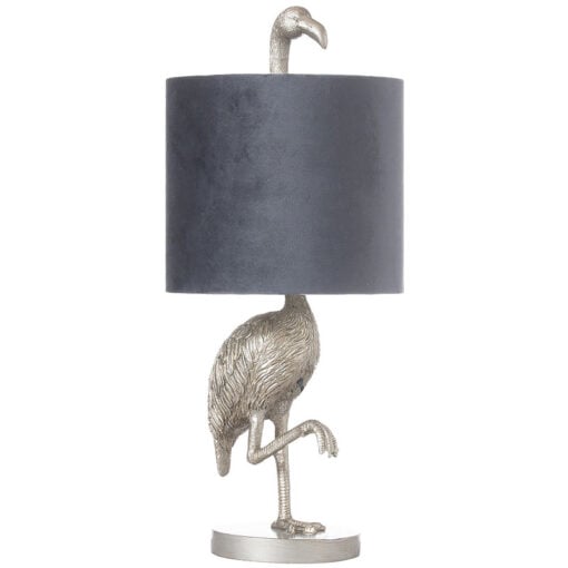 Antique Silver Flamingo Lamp With Grey Velvet Shade