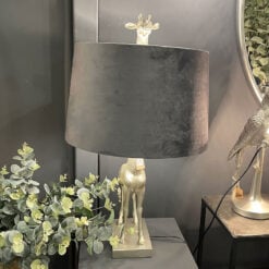 Antique Silver Giraffe Table Lamp with Grey Velvet Shade 70cm