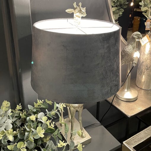 Antique Silver Giraffe Table Lamp with Grey Velvet Shade 70cm