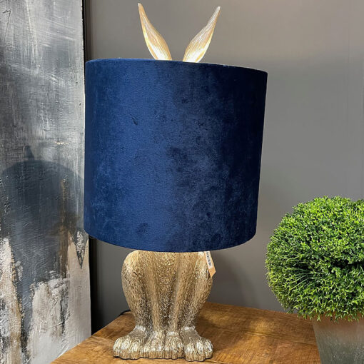 Antique Silver Hare Rabbit Table Lamp with Navy Blue Velvet Shade