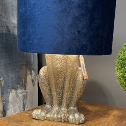 Antique Silver Hare Rabbit Table Lamp with Navy Blue Velvet Shade