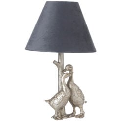 Antique Silver Pair Of Ducks Table Lamps With Grey Velvet Shade
