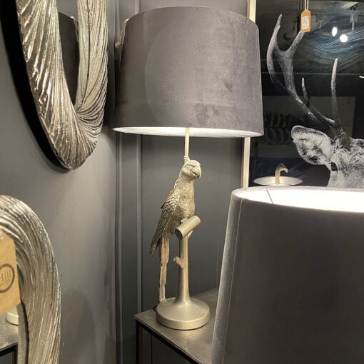 Antique Silver Parrot Table Lamp with Grey Velvet Shade
