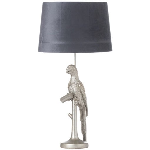 Antique Silver Parrot Table Lamp with Grey Velvet Shade