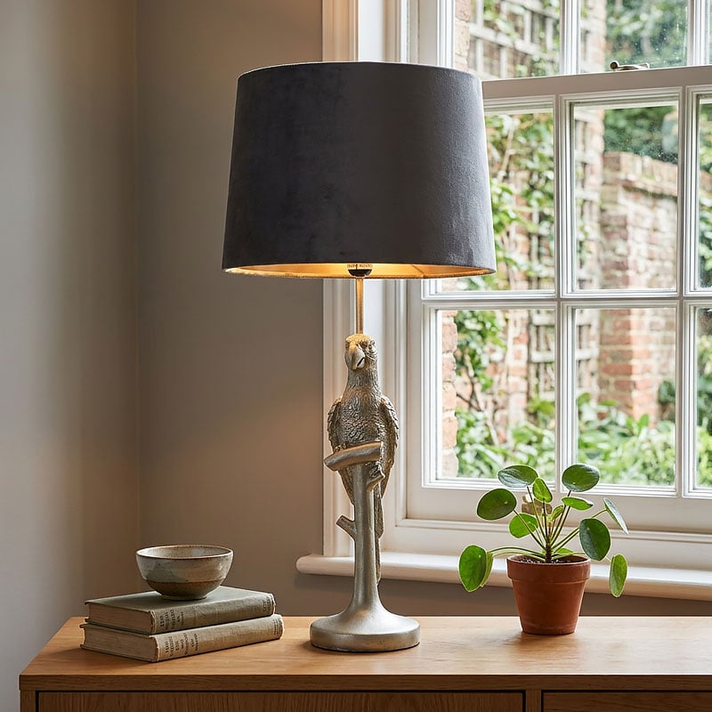 Antique Silver Parrot Table Lamp with Grey Velvet Shade Antique Silver Parrot Table Lamp with Grey Velvet Shade