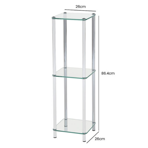 Chrome and Clear Glass 3 Tier Display Unit Shelving Unit 86cm
