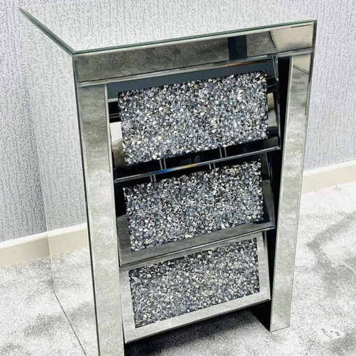 Diamond Crush Mirrored Angled 3 Drawer Bedside Cabinet