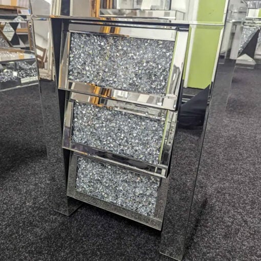 Diamond Crush Mirrored Angled 3 Drawer Bedside Cabinet
