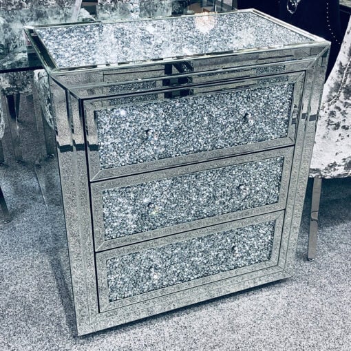 Diamond Crush Mirrored Chest of 3 Drawers Sideboard Cabinet