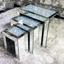 Diamond Crush Mirrored Nest of 3 Side End Tables With Crushed Crystals