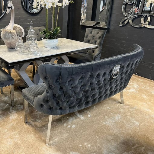 Diana Grey Velvet And Chrome Dining Bench With Lion Ring Knocker