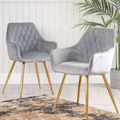 Set Of 2 Ellie Grey Velvet Dining Chairs With Gold Metal Legs