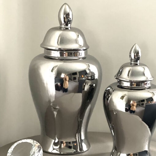Large Silver Chrome Effect Ceramic Ginger Jar Vase Home Decoration