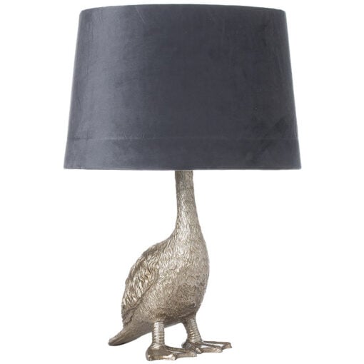 Silver Duck Goose Table Lamp With Grey Velvet Shade