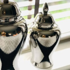 Small Silver Chrome Effect Ceramic Ginger Jar Vase Home Decoration