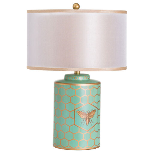 Green And Gold Bee Table Lamp With A White Shade 45cm