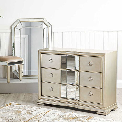 Christabel Champagne Gold Mirrored 3 Drawer Chest Of Drawers Cabinet