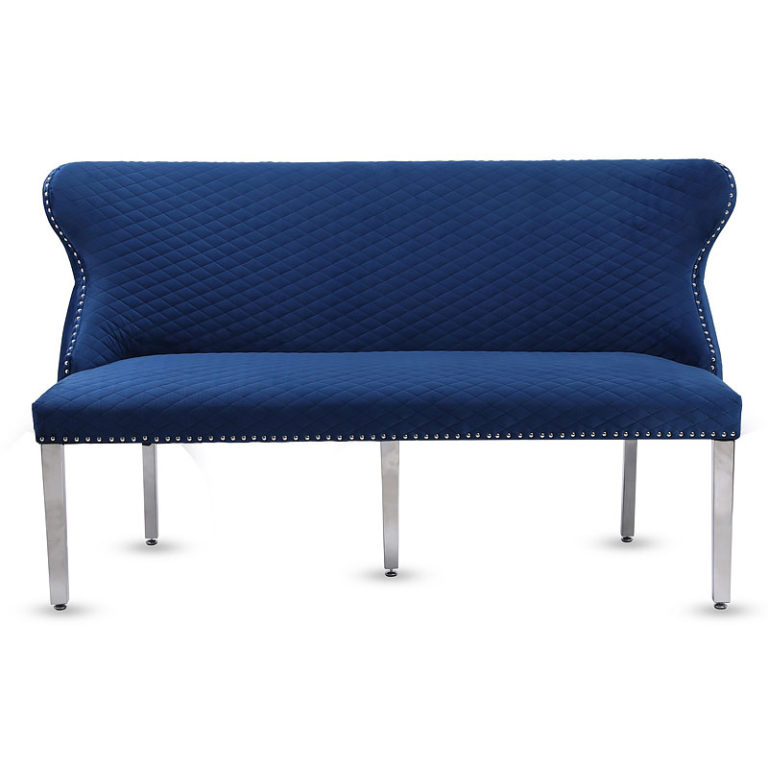 Diana Navy Blue Velvet And Chrome Dining Bench With Lion Ring Knocker