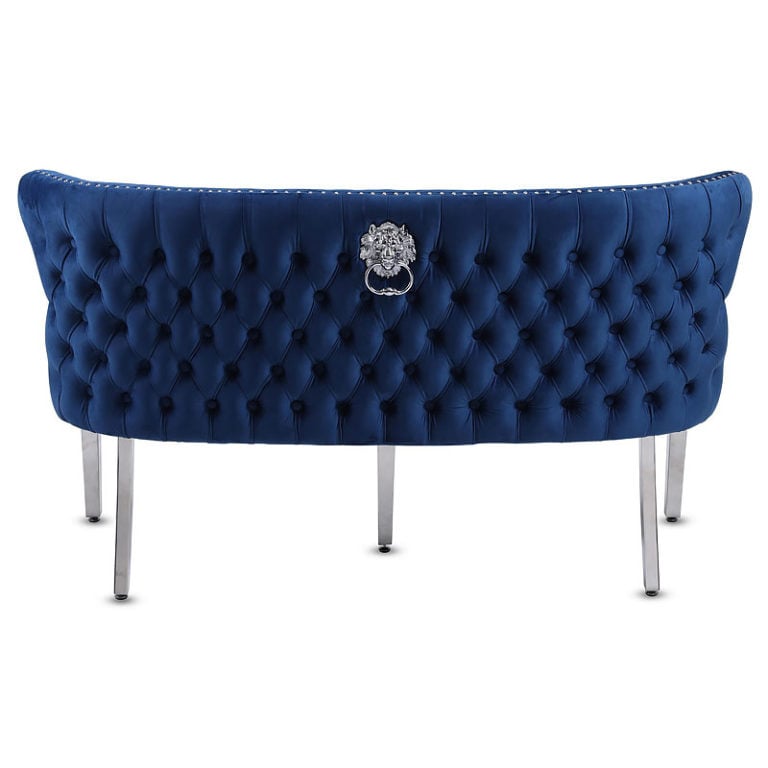 Diana Navy Blue Velvet And Chrome Dining Bench With Lion Ring Knocker