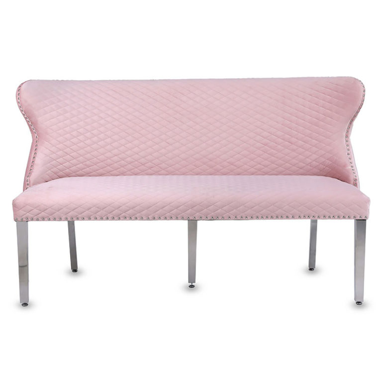 Diana Pink Velvet And Chrome Dining Bench With Lion Ring Knocker | Picture Perfect Home