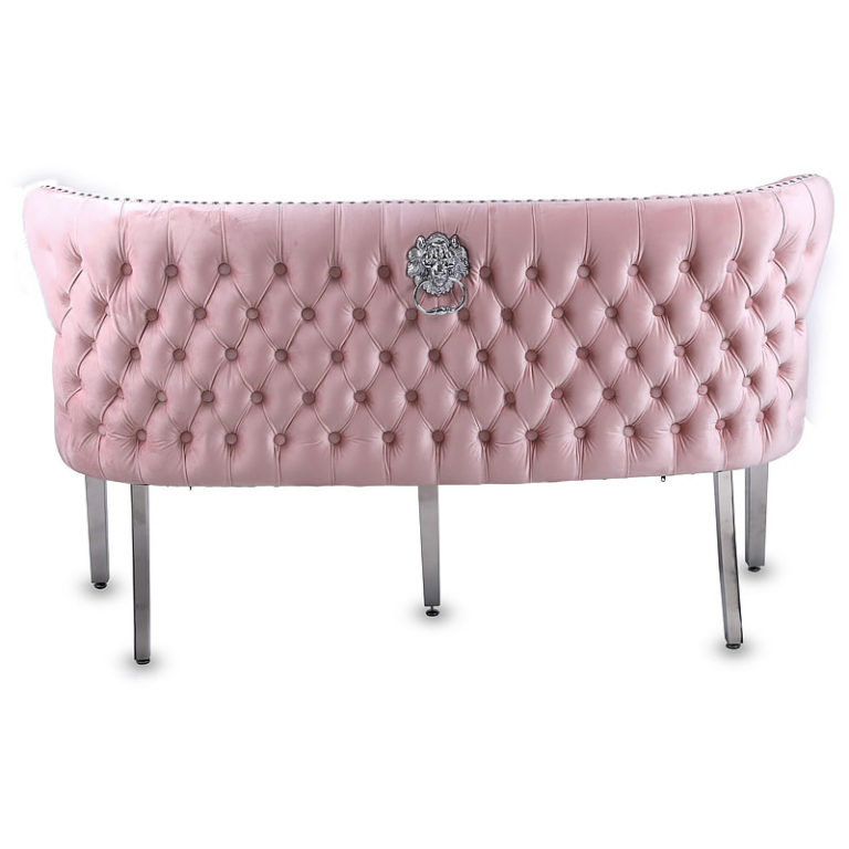 Diana Pink Velvet And Chrome Dining Bench With Lion Ring Knocker | Picture Perfect Home